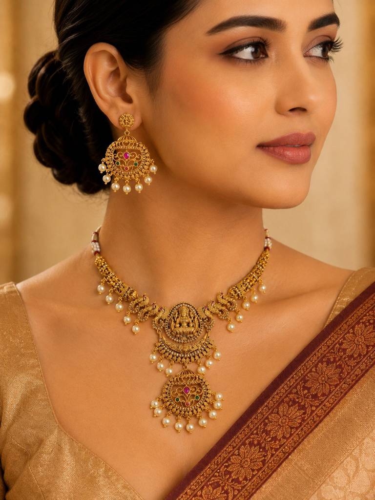 Ashna Antique Gold Lakshmi Peacock Temple Necklace With Pearls : RKNP000117