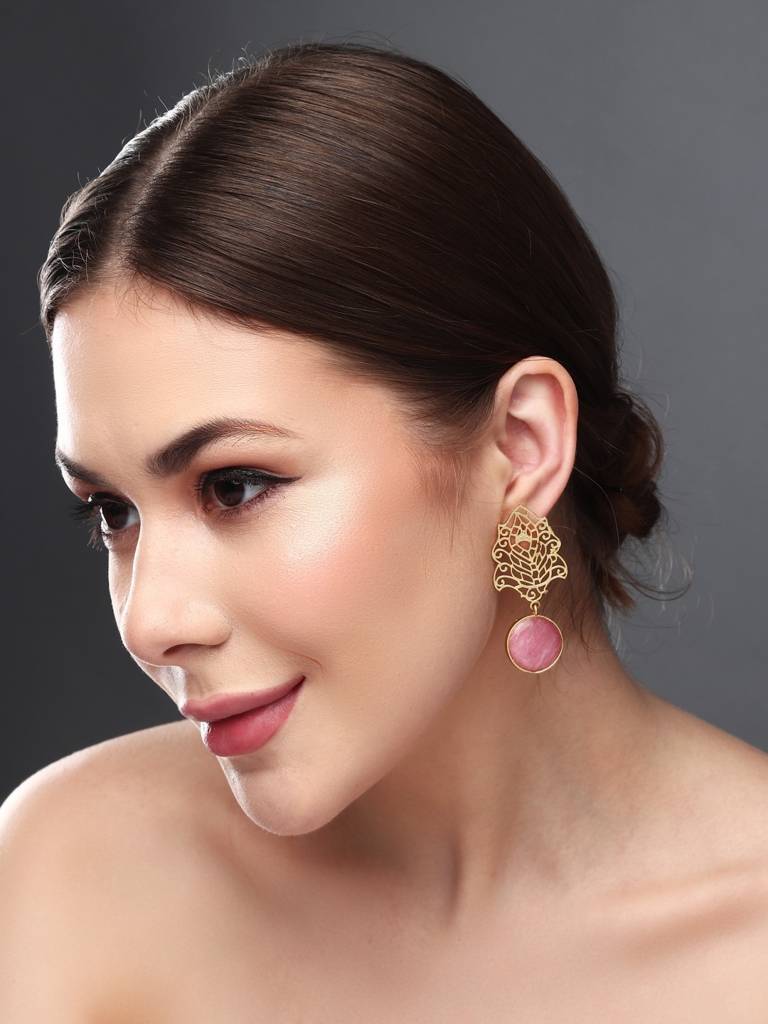 Gold Filigree Stone Drop Earrings : S24JJER210PNK