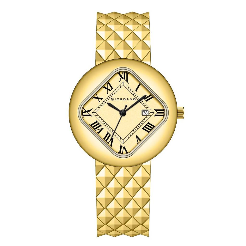 Giordano Elegant Analoge Watch For Women - Unique Rounded-Square Dial, Roman Numeral Dial, Date Display And Text : GZ-60121-33