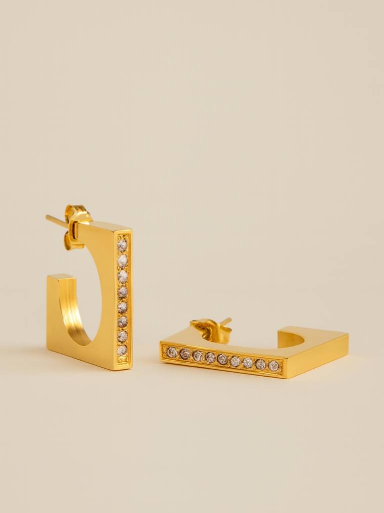 Square Studded Gold Half Hoop Earrings Â 18K Gold Plated Cz : ATE608SSHH