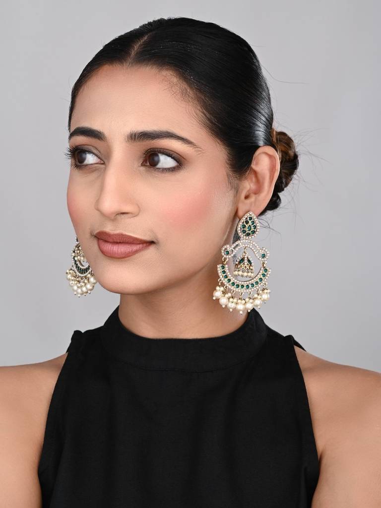 Gold Plated Stone & Beads Chandbali Earring : S24KCER438GRN