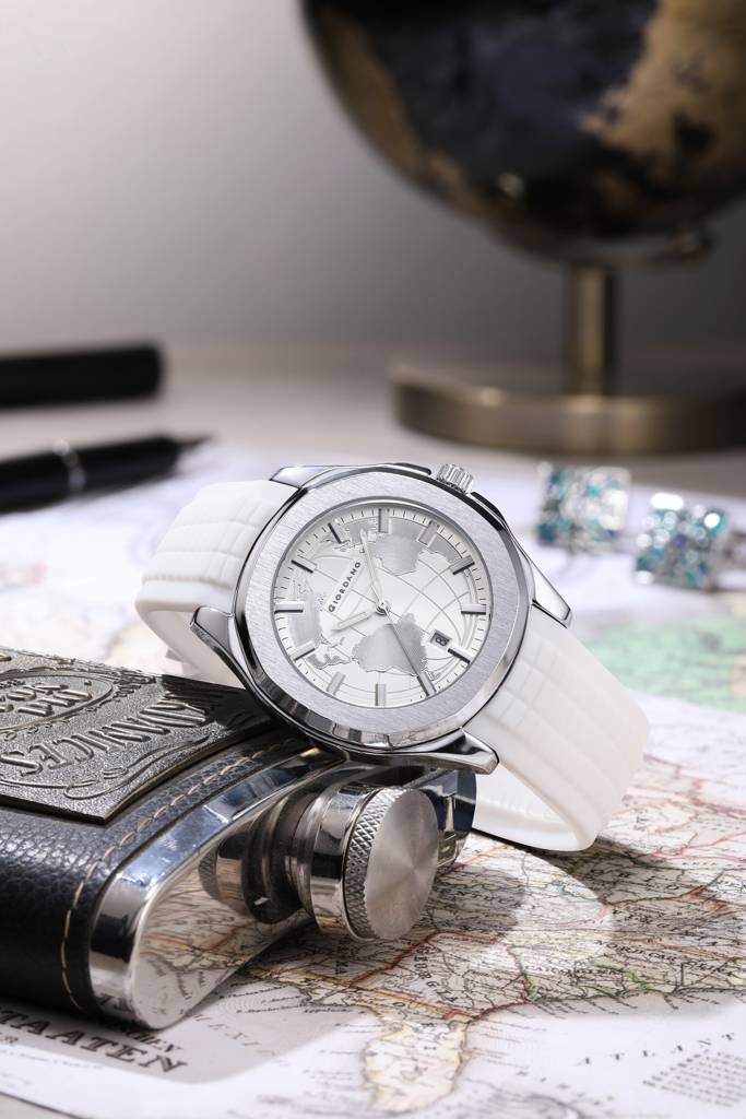 Stylish World Map Design Analog Watch For Men With Silver Case Round Dial, Textured Silicone Strap, Water Resist : GZ-50147-06