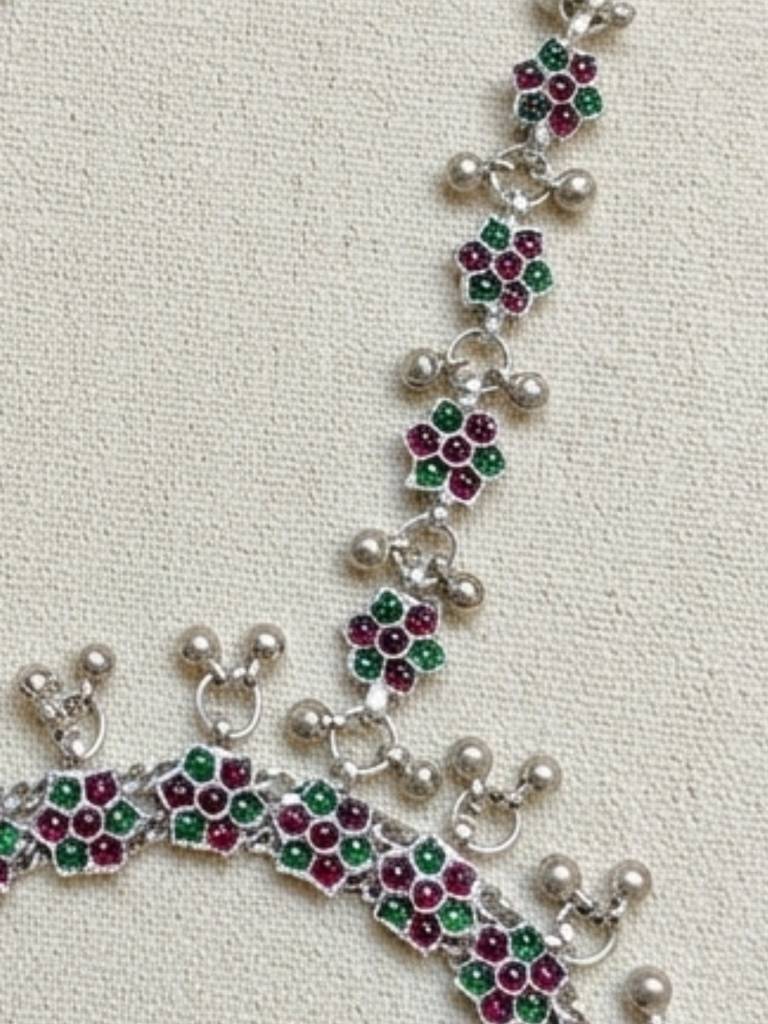Women Silver-Plated Multi-Colour Kundan Stone-Studded Floral Anklet With Toe Ring : VI26ANK10003