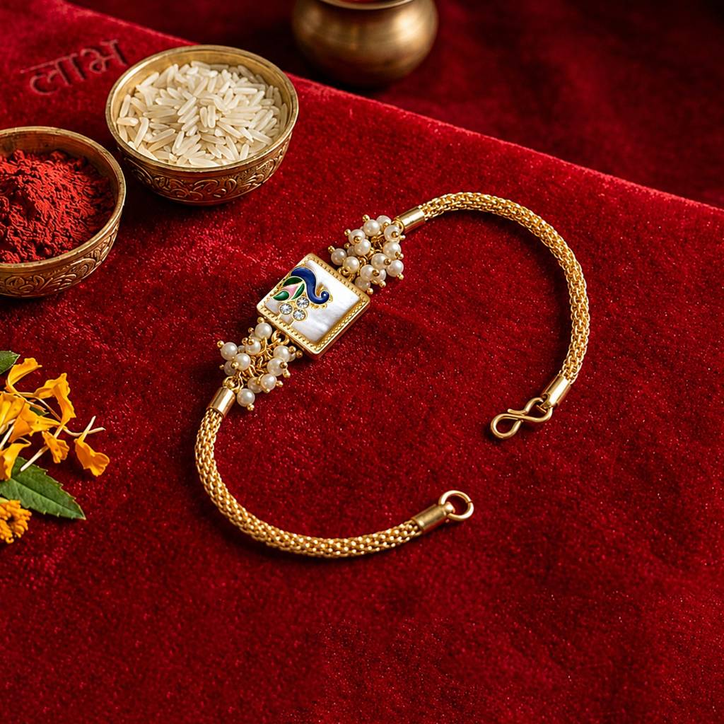 Artklim Royal Peacock Bhaiya Bhabhi Rakhi Set With Pearl Clusters : HSPS60MB1954