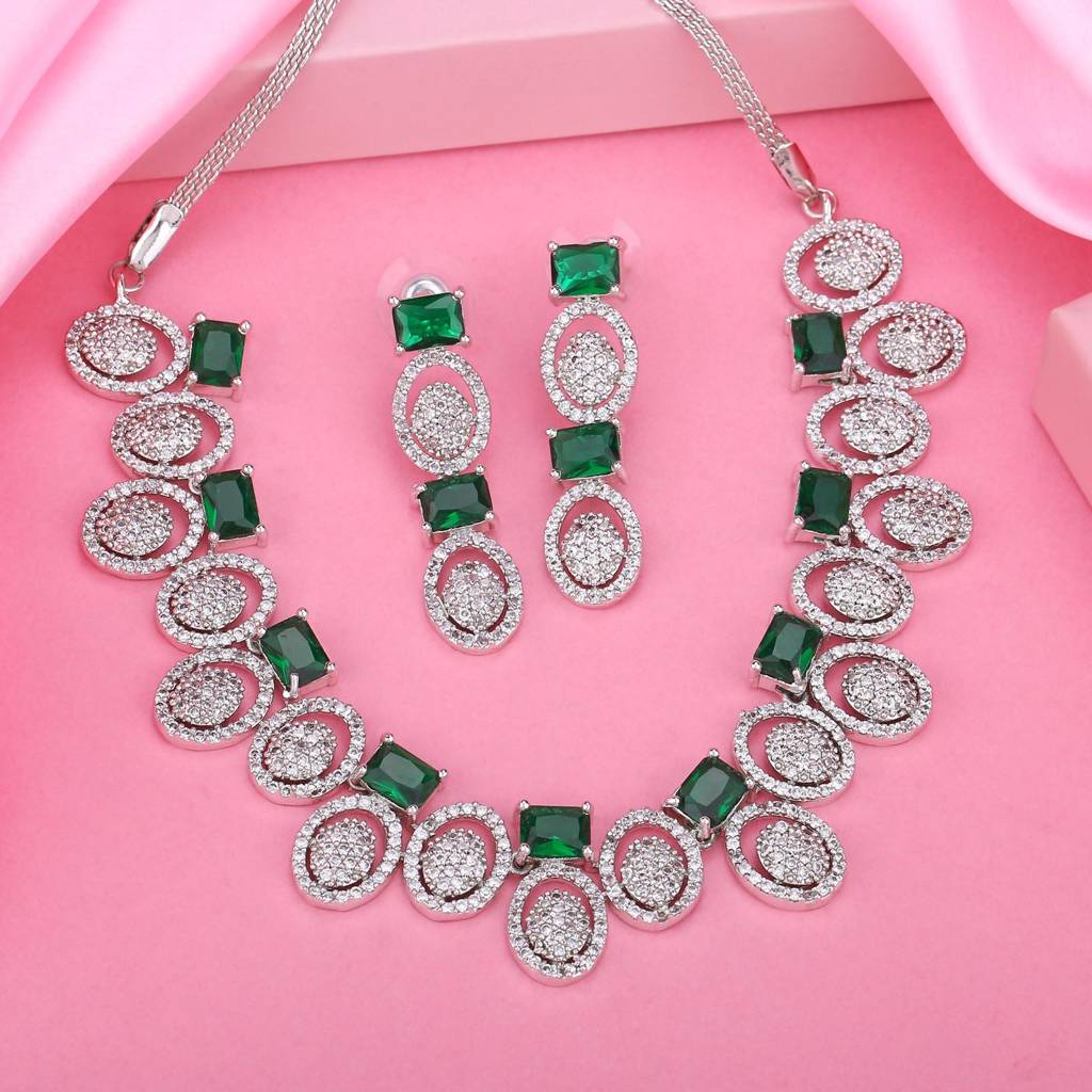 Estele Rhodium Plated Cz Mesmerizing Necklace Set With Green Crystals For Women