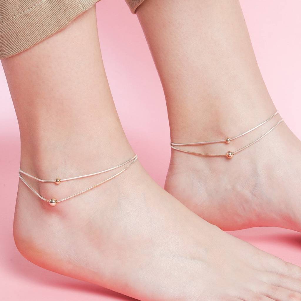 Double String Bead Rhodium Plated 925 Sterling Silver Chain Anklet : ANK-60190-PAIR
