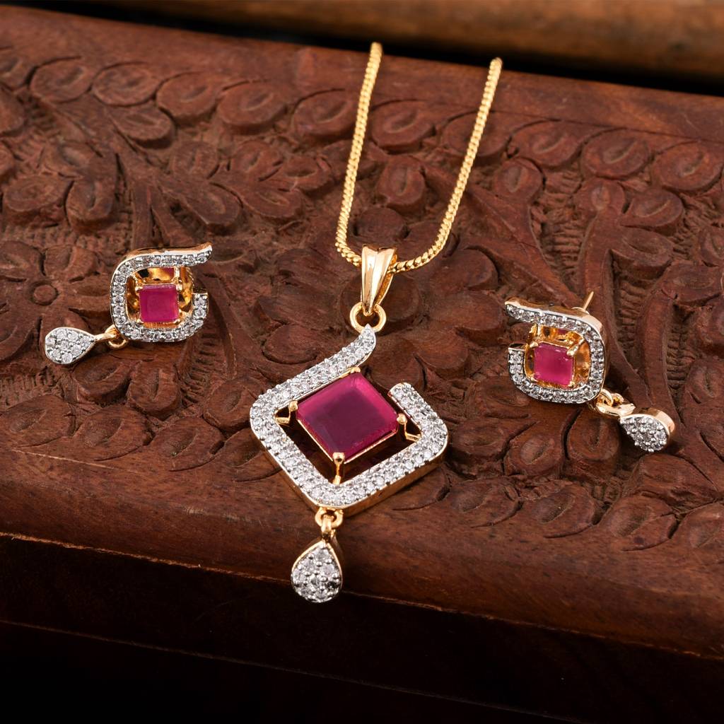 Ruby Radiance Diamond Ensemble Pendant Set With Chain : PJPENGJRCZ26