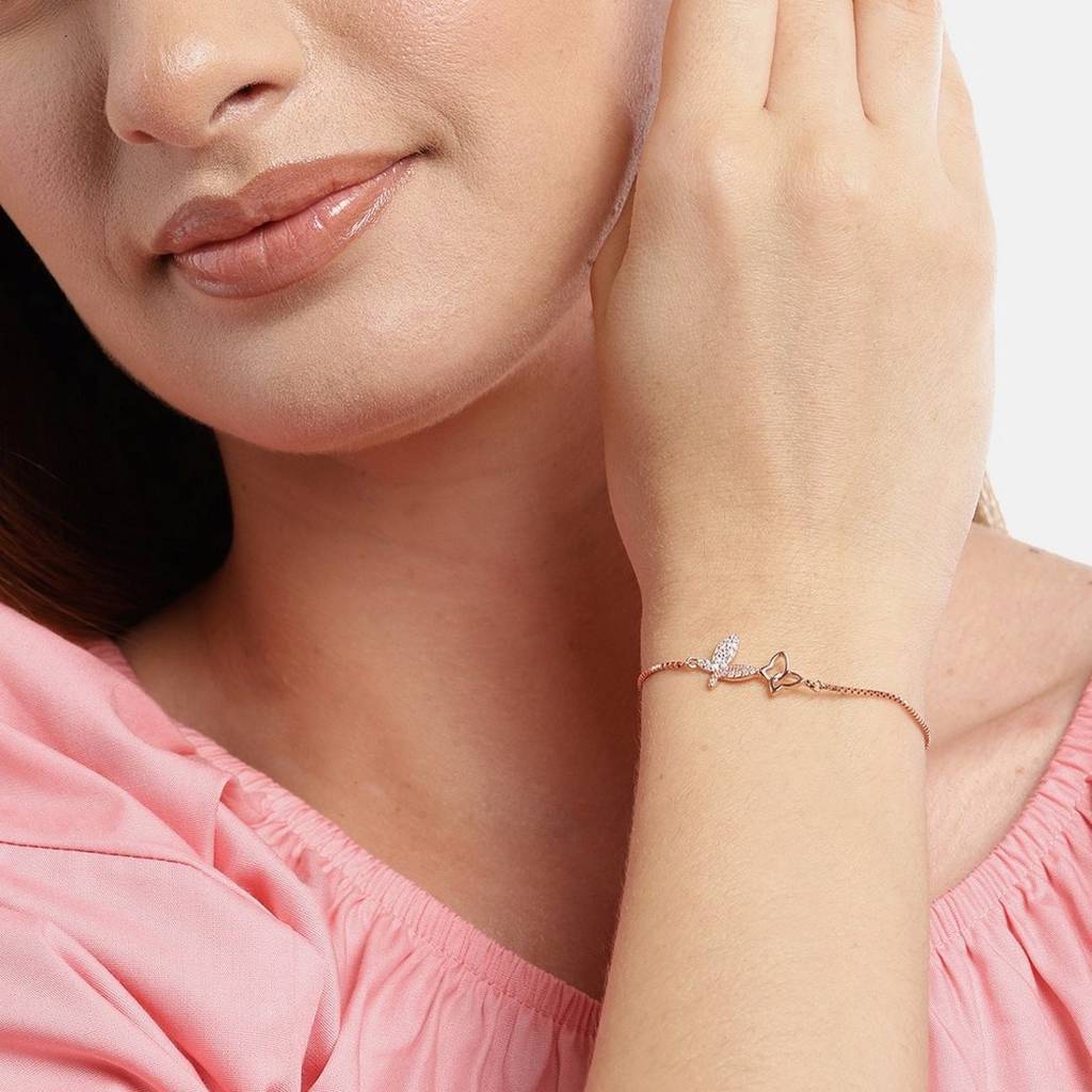 Butterfly Cubic Zirconia Rose Gold Plated 925 Sterling Silver Bracelet : BR-80299-RG