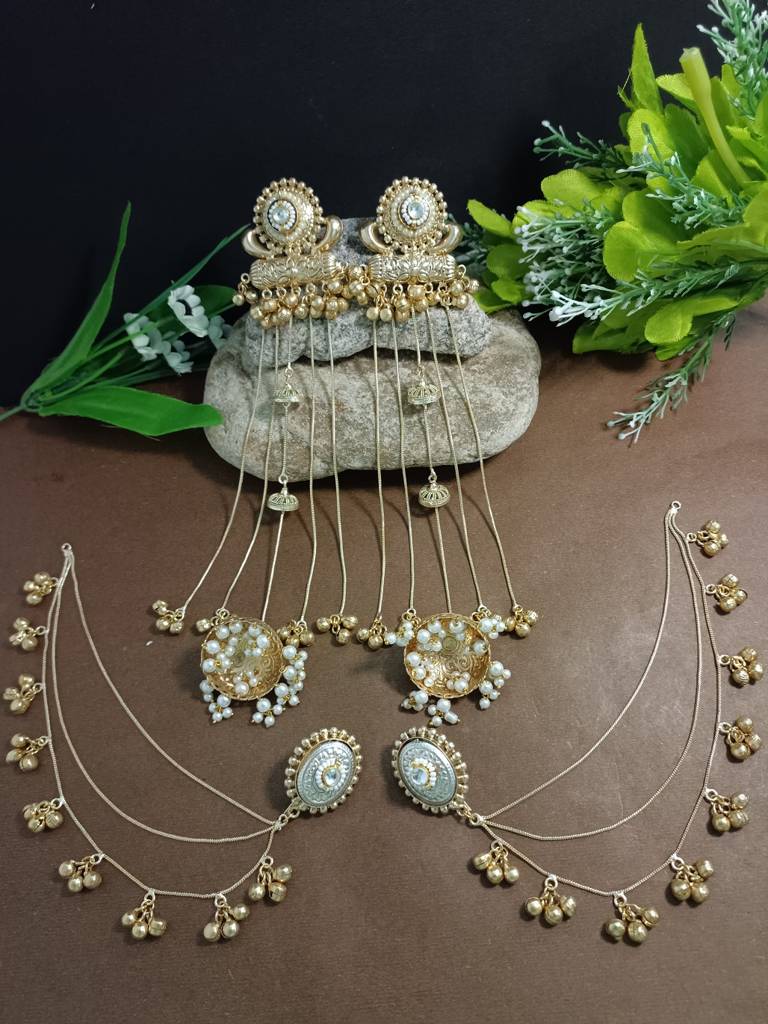 Gold-Plated Kashmiri Long Jhumka Earrings With Matching Ear Chains : VS105381