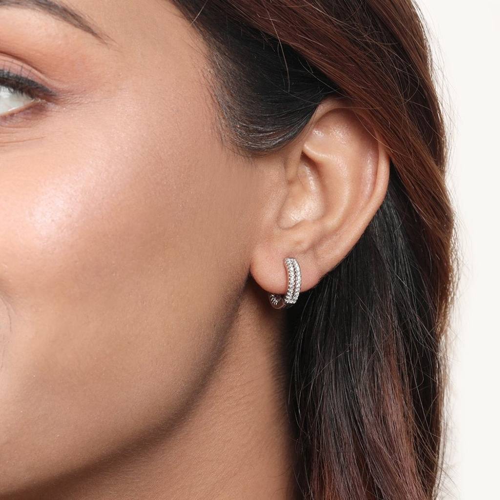 Dual Line Glamour Rhodium Plated 925 Sterling Silver Hoop Earrings : EAR-20816-R