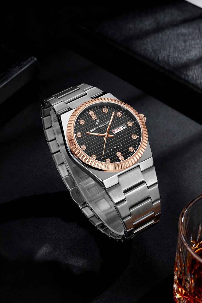 Daniel Hechter Hoche Collection Classic Analog Watch For Men – Textured Dial,Crystal Indices With Fluted Bezel, D : DHM1027-11