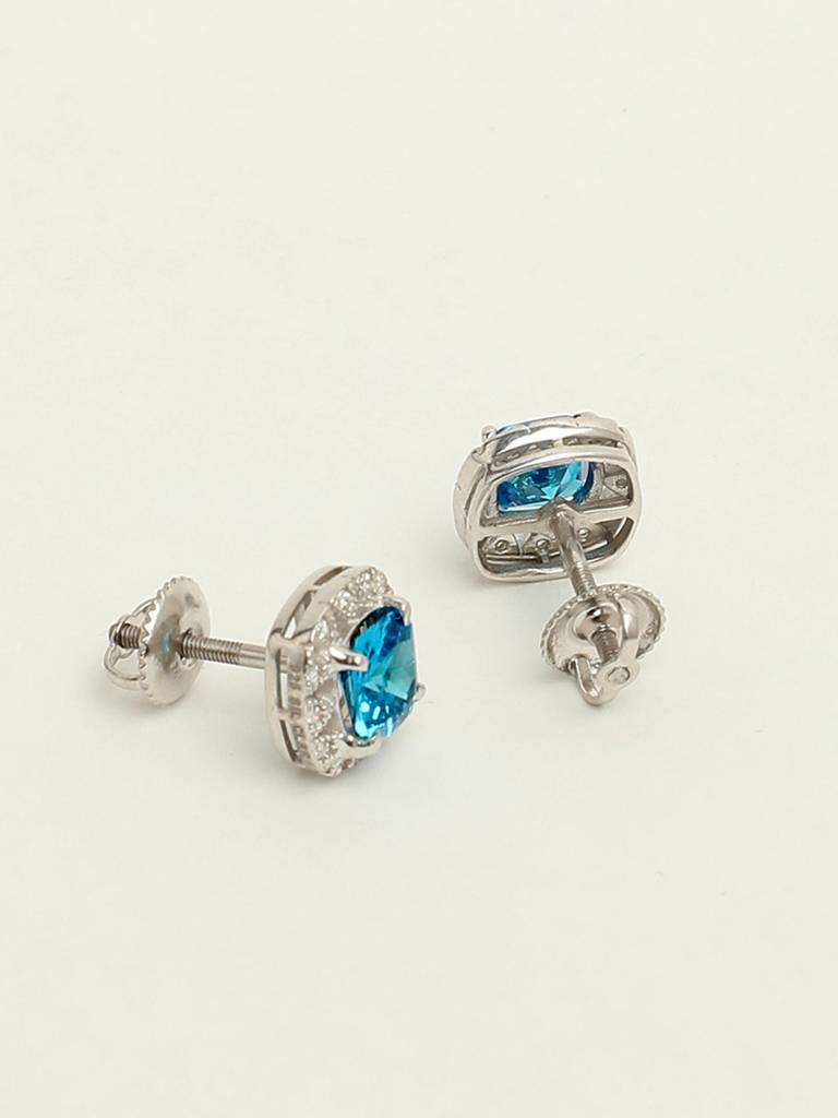 92.5 Sterling Silver Rhodium Plated Swiss Zirconia Sky Blue Cushion Stud Earrings With Screw Back Gift For Wome : CSCLRE2CU_BT