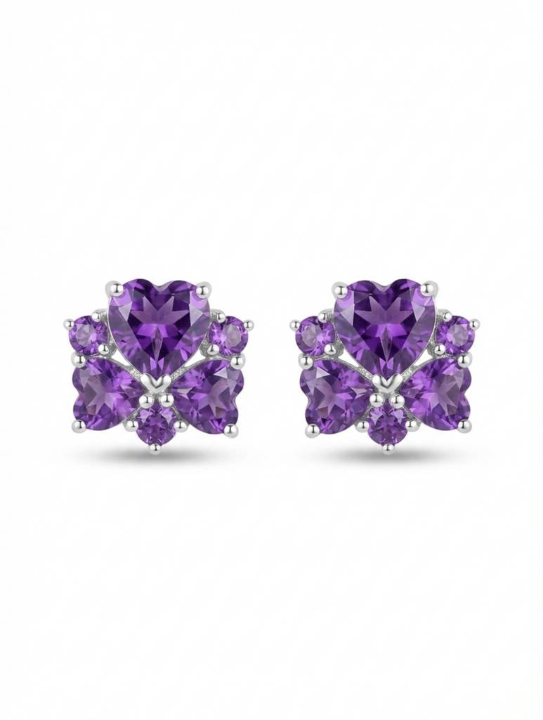 Kicky & Perky Heart-Shaped Natural Amethyst Floral Stud Earrings In 925 Sterling Silver : VSILSME040_A