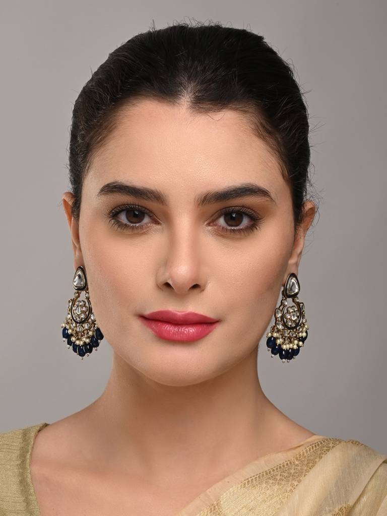 Kundan Hoop Pearl Fringe Earrings : S24FAER238BLU