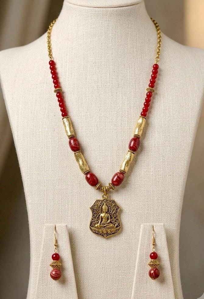 Zarina Antique Gold Buddha Pendant Necklace Set : HM43