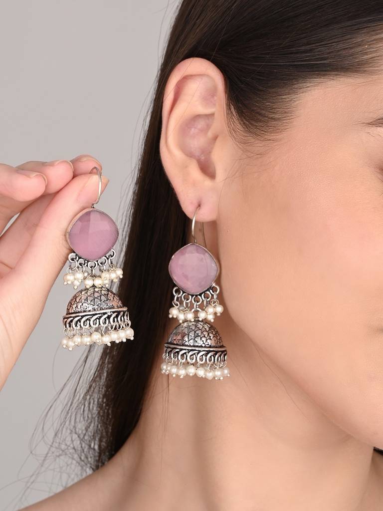 Oxidised Silver Brass Stone Jhumka Earrings : S24AJER253PNK