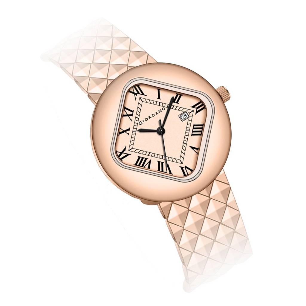Giordano Elegant Analoge Watch For Women - Unique Rounded-Square Dial, Roman Numeral Dial, Date Display And Text : GZ-60121-11