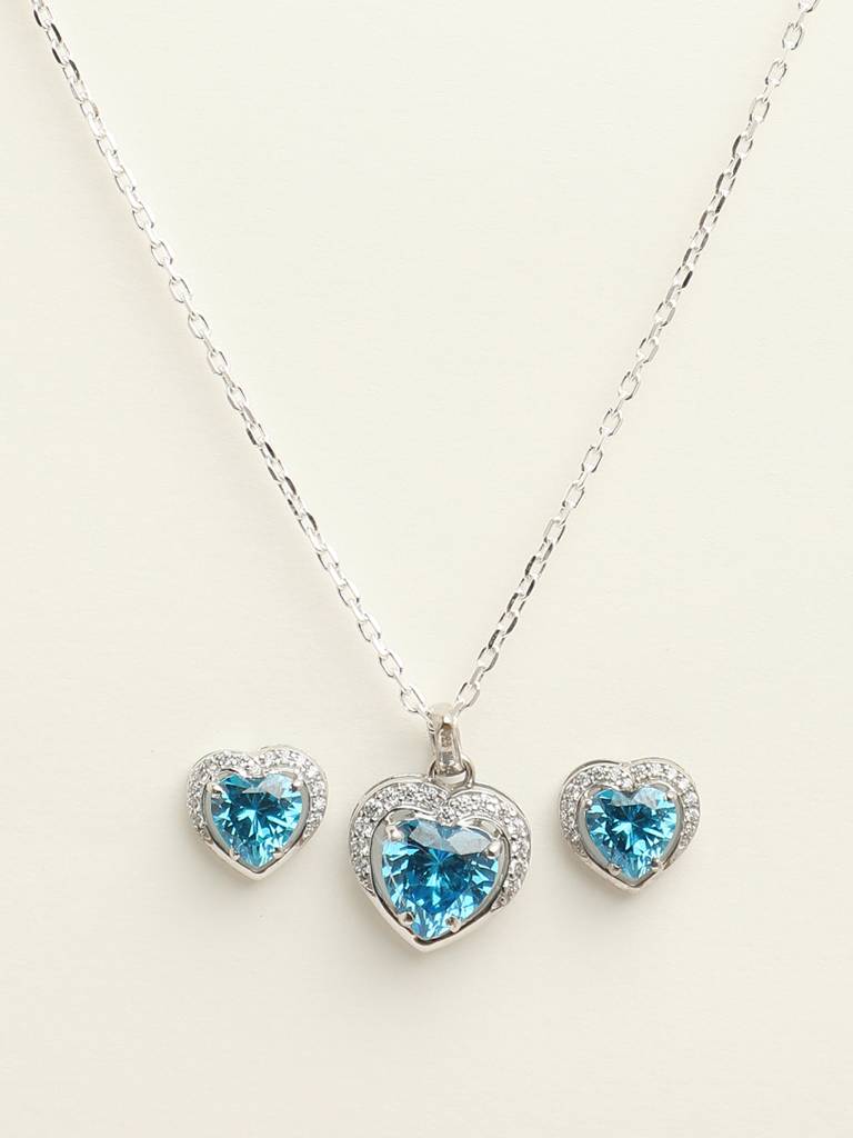 92.5 Sterling Silver Rhodium Plated Swiss Zirconia Sky Blue Heart Pendant Earring Chain Jewellery Set Gift Fo : CSCLRP1E1HT_BT