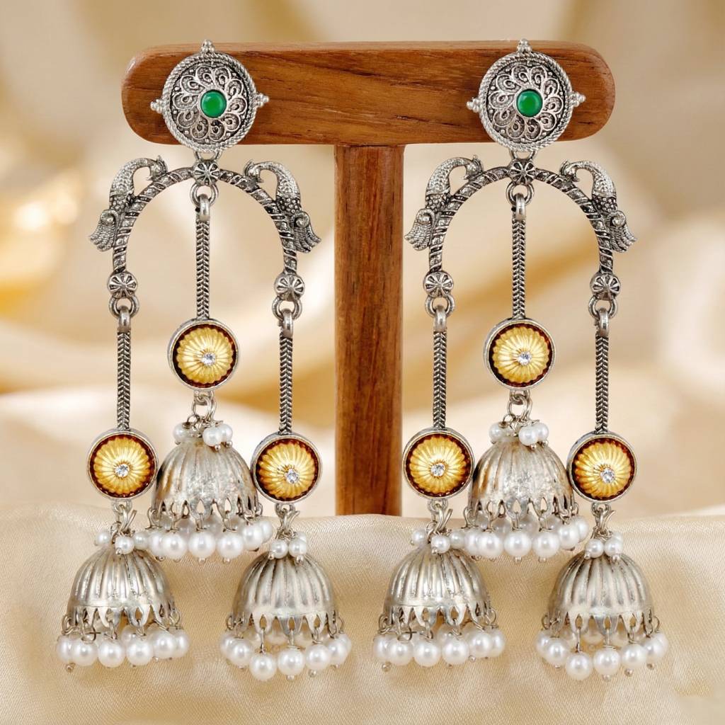 Oxidised Silver & Gold Kashmiri Jhumka Earrings With Ruby & Green Beads : 654-KEO-20825-G-SG