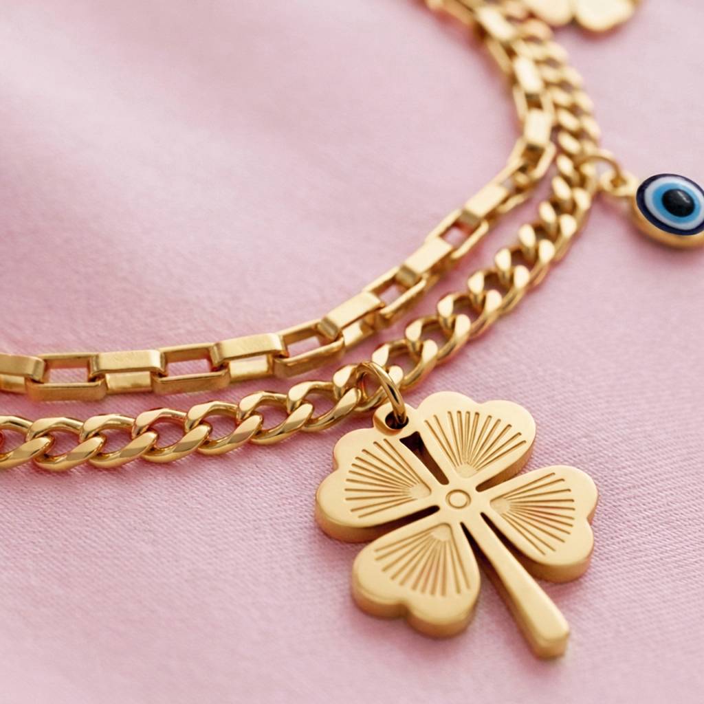 Lucky Clover Evil Eye Gold Bracelet Anti-Tarnish For Women : HSPS60MB1898