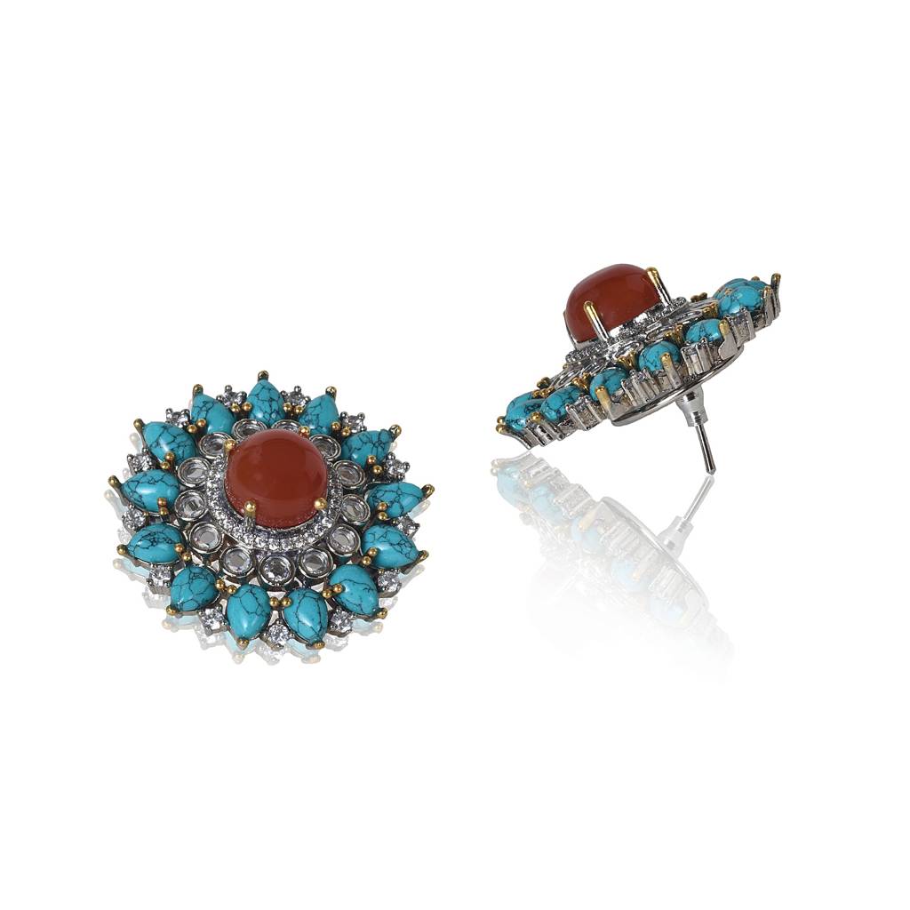 Turquoise And Red Onyx Tops Earrings