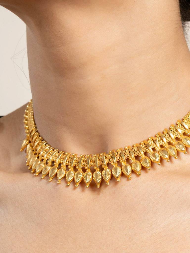 Gold Plated Leaf Necklace With Matching Stud Earrings Jewelry Set - Exquisite Jewelry : LAANP98