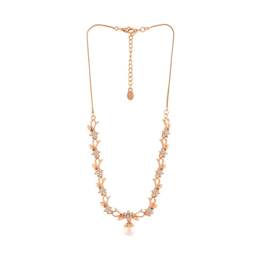 Estele Rose Gold Plated Elegant Blossom Designer Necklace Set With White Pearl For Women