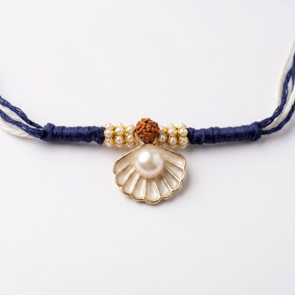 Pearl Seashell Rudraksha Rakhi For Brother | Handmade Designer Rakhi With Seashell Pearl Charm & Rudraksha | Raksh : RAKHI_039