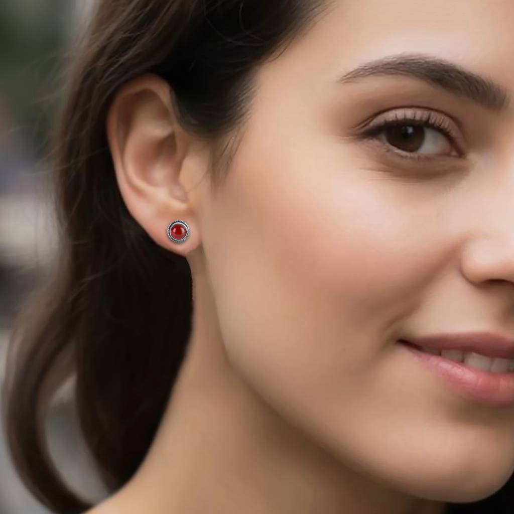 925 Sterling Silver Carnelian Stud Earrings For Women | Minimal Gemstone Eartops For Daily Wear : FU-0797