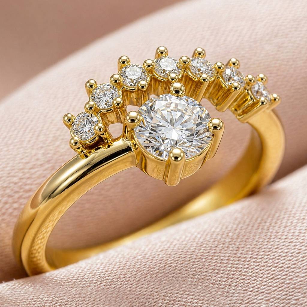 Elegant Gold Halo Central Crystal Anti-Tarnish Ring For Women : HSPS60MB1840