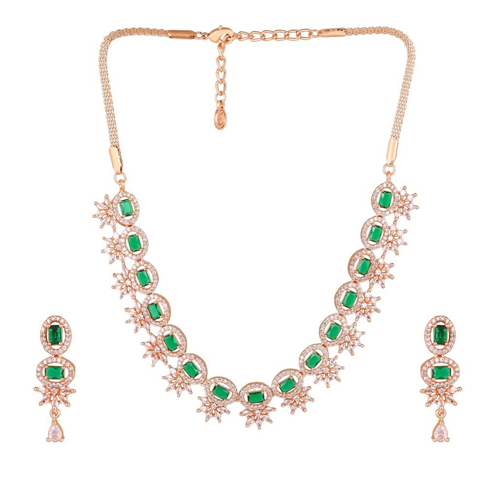 Estele Rose Gold Plated Cz Adorable Necklace Set With Green Stones For Women : AD-700-RG-GNNKER