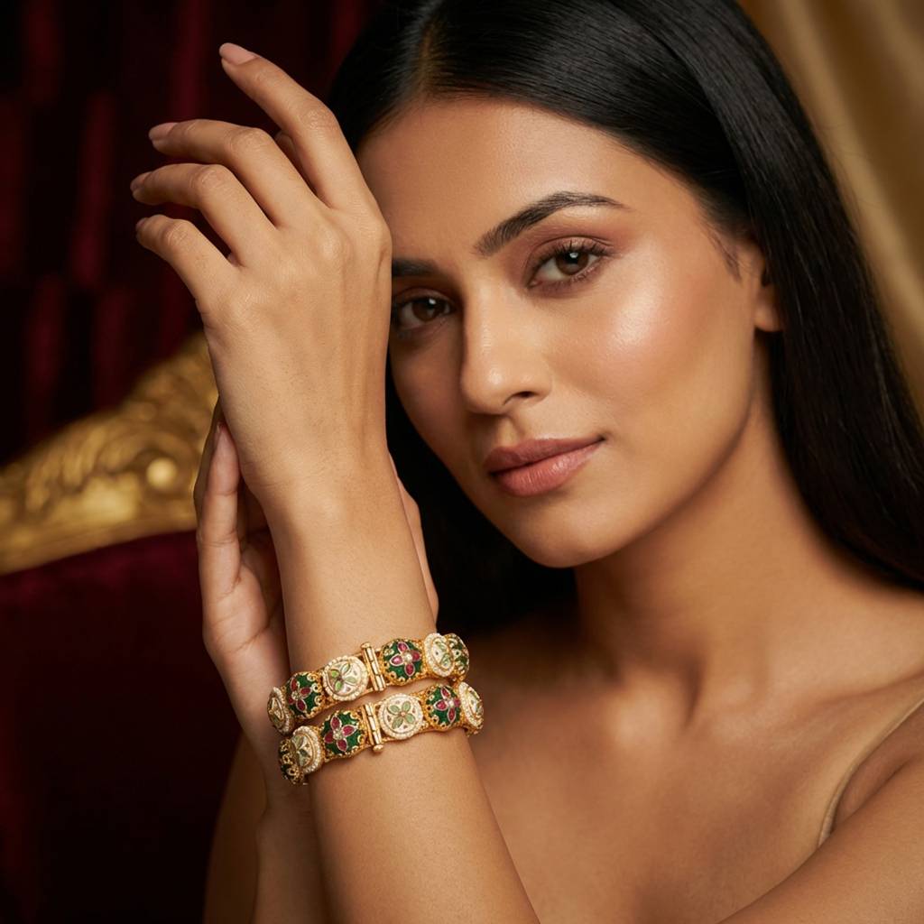 Royal Gold-Plated Meenakari & Kundan Bangles Pair With Pearl Accents : BV-BG-20-24