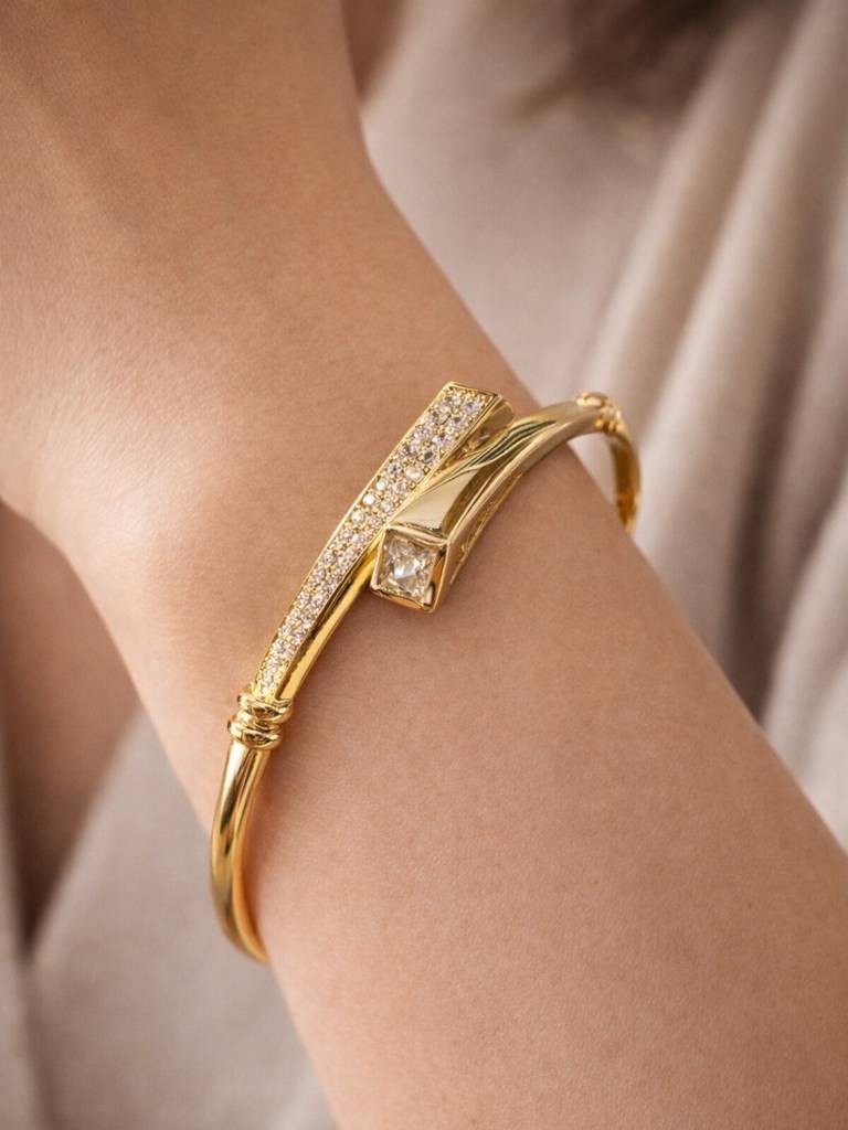 Quad Close Cz Studded Gold Bracelet | Anti-Tarnish Everyday Cuff : S925B696QCSB