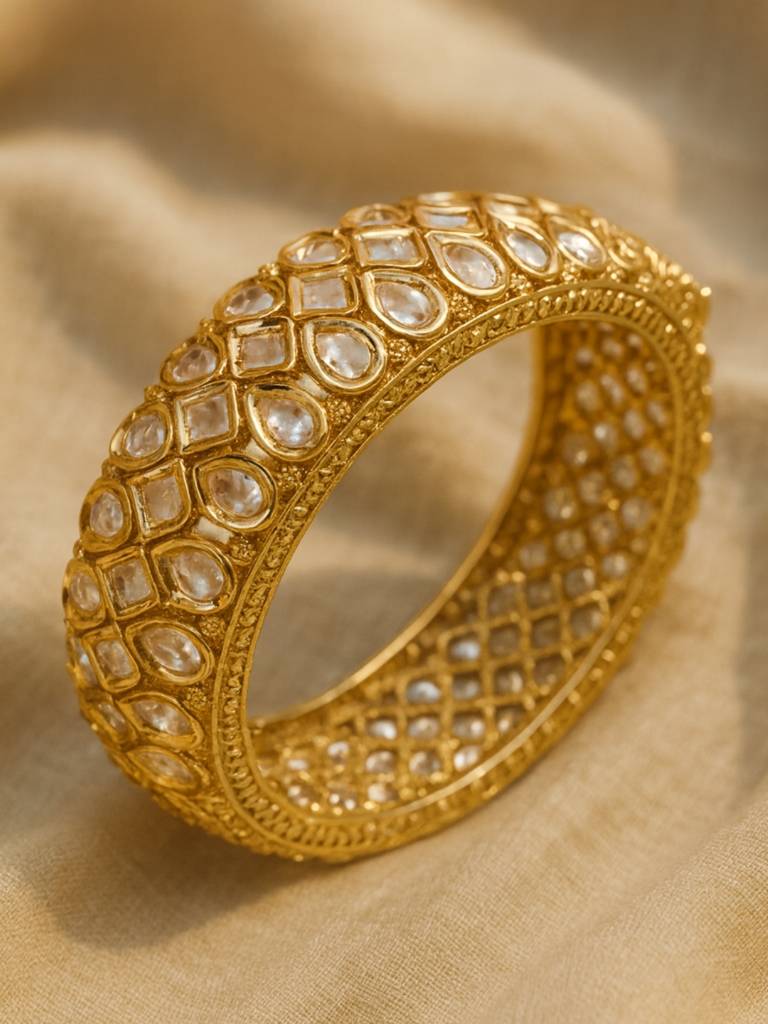 Golden Kundan Moissanite Bangle | Openable Gold Cuff Bracelet : AFB417GMB