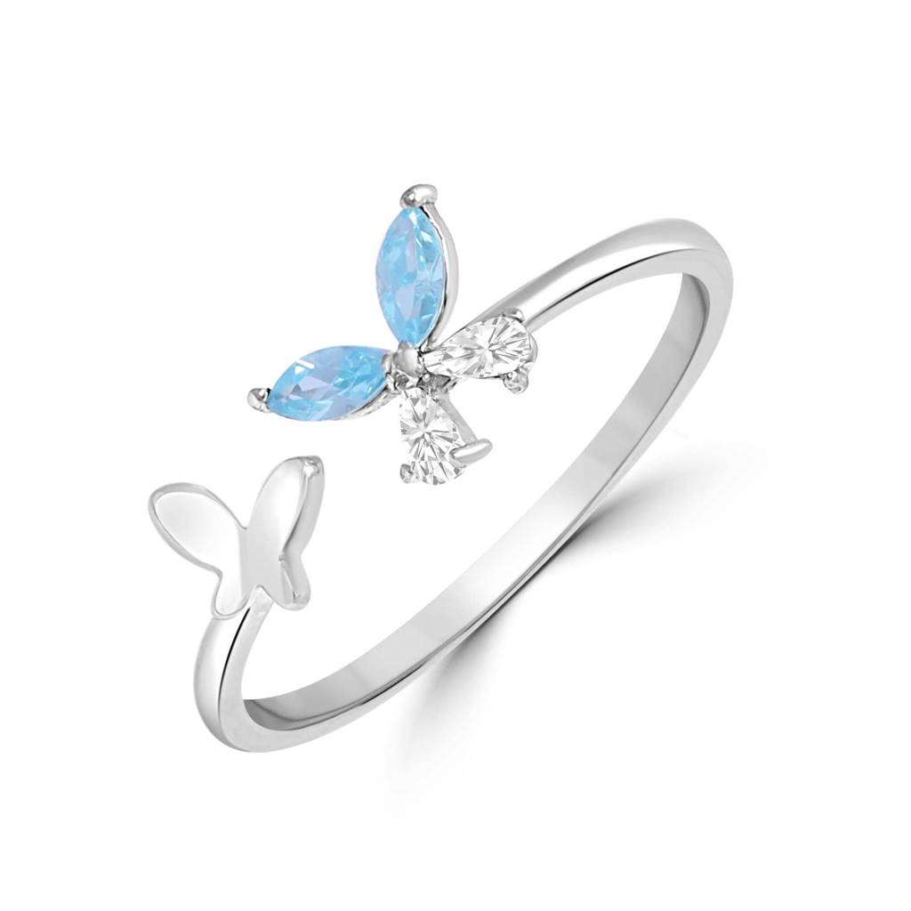 Blue Butterfly Rhodium Plated 925 Sterling Silver Ring : RNG-40379-R