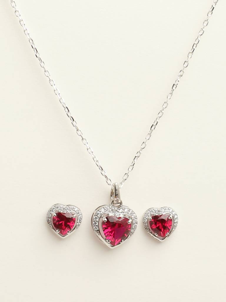 92.5 Sterling Silver Rhodium Plated Swiss Zirconia Blood Red Heart Pendant Earring Chain Jewellery Set Gift F : CSCLRP1E1HT_RU