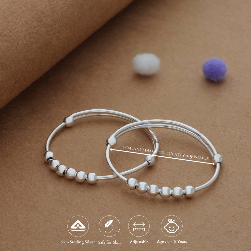 Iyal Tiny Ball Bead 925 Silver Kid Bangles For Daily Use (0-5 Yrs) : KB-CC-RH-C-146-P