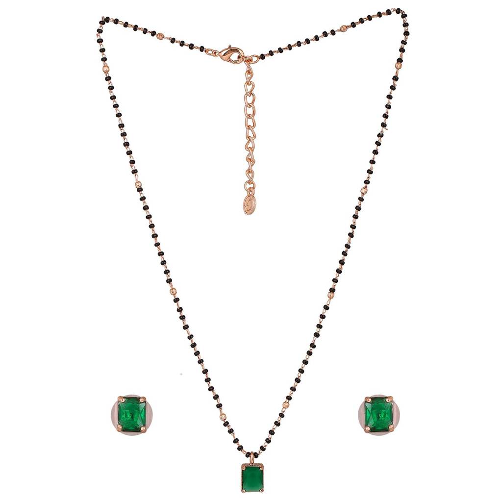 Estele Rose Gold Plated Cz Square Mangalsutra Necklace Set With Emerald Stone For Women