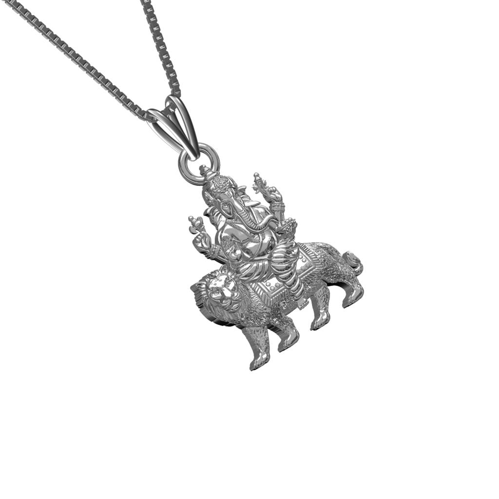 Silver Deva Ganesha Sitting On Lion Siver Pendant : ZLGDP-1050