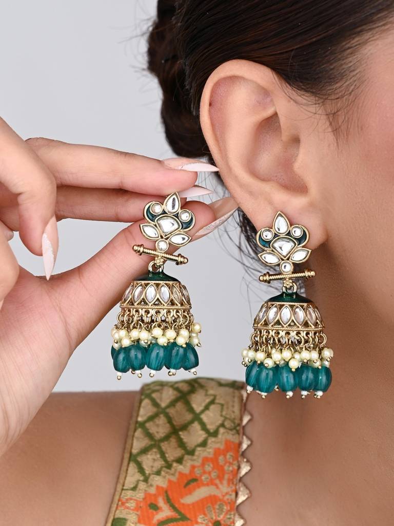 Gold Plated Kundan & Meenakari Jhumka Earrings : S24FAER411TEA