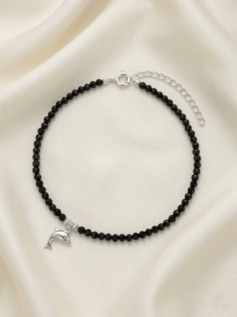 925 Silver Black Crystal Bead Nazaria Anklet With Fish Charm | Single Piece : IS-AK-PL-1034