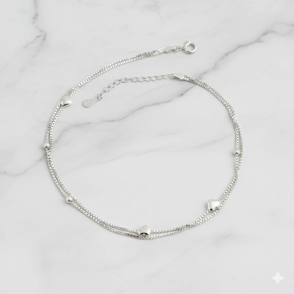925 Pure Silver Heart Chain Anklet : AK1070