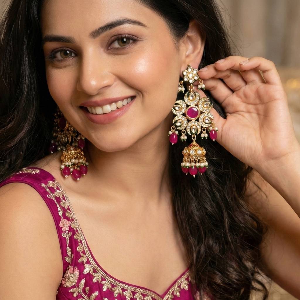 18K Gold Plated Kundan Jhumka With Green Back Meenakari Earrings : 1320-J5EK-2301-R