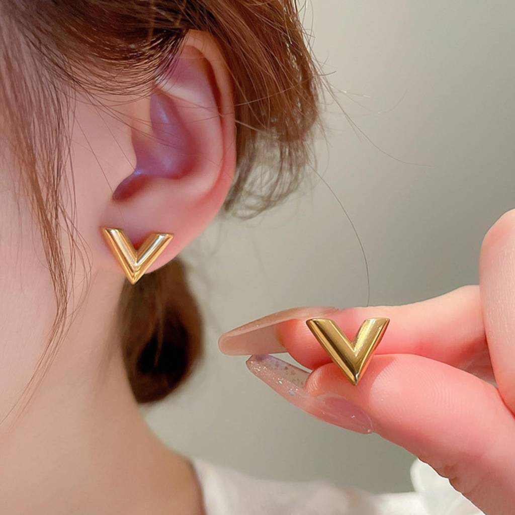 Modern V Initial Stud Earrings : ER_SS_VLetter_gld