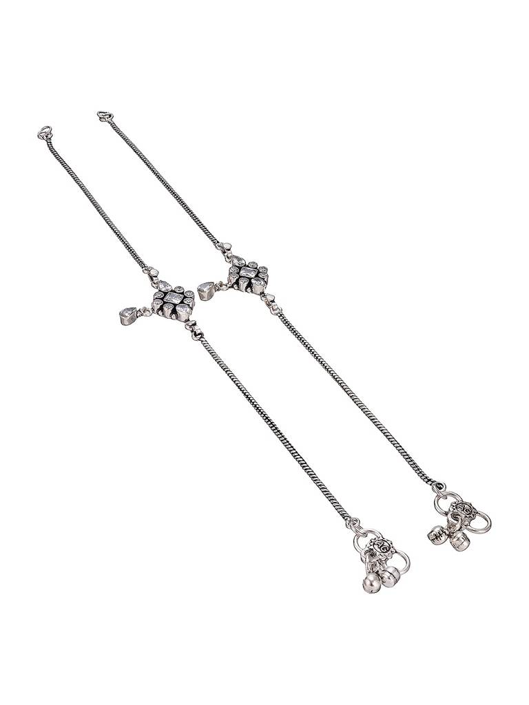 Silver Toned White Stones Geometric Charm Delicate Drop Detail Payal Anklet : SJPL2873