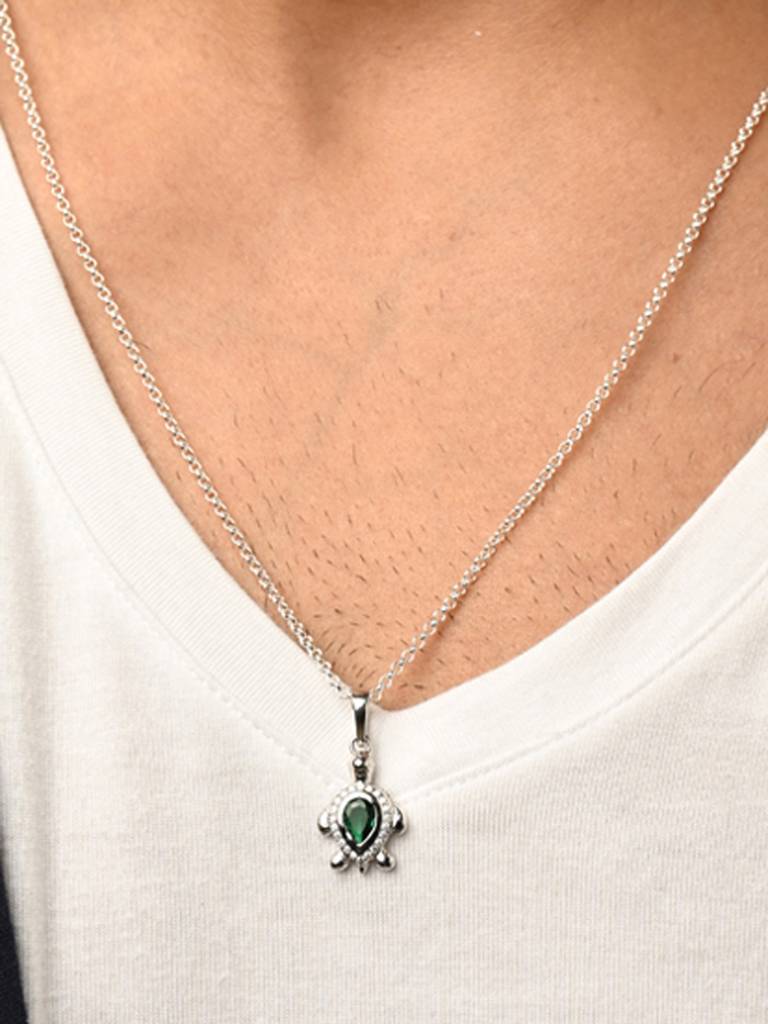 925 Silver Platinum Plated Swiss Zircon Lucky Tortoise Turtle Men Pendant Necklace With Chain Gift For Men & Boys : CSMNP16
