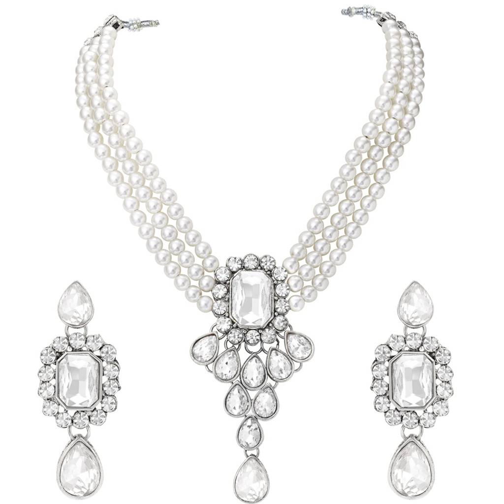 Peora Crystal Pearl Necklace Earring Traditional Jewellery Set Gift For Women Girls : PF24N01RW