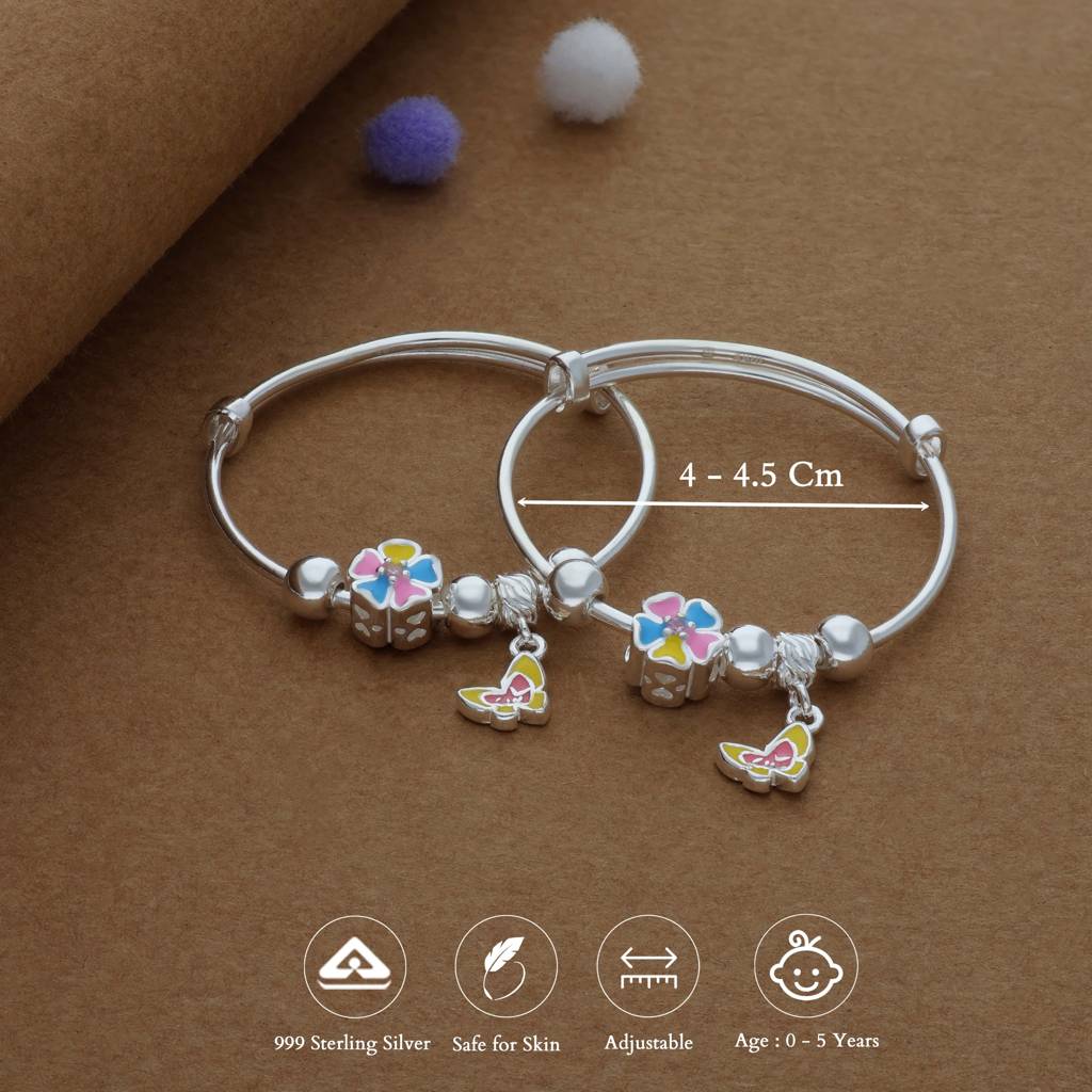 Iyal Dreamy Butterfly Charm 999 Silver Kids Bangles (0-5 Yrs) : KB-CC-RH-E-350-P