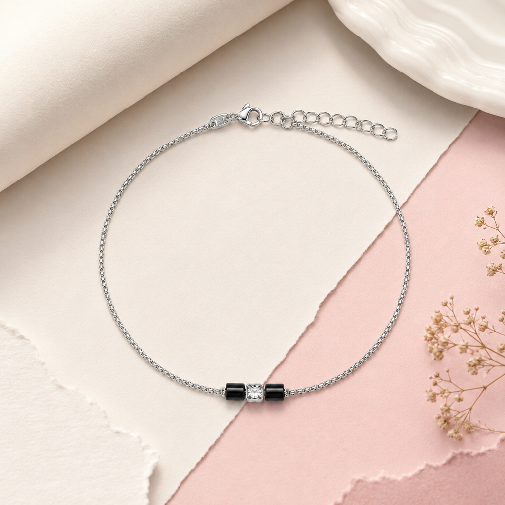 Silver Black Accent Anklet : AN03352