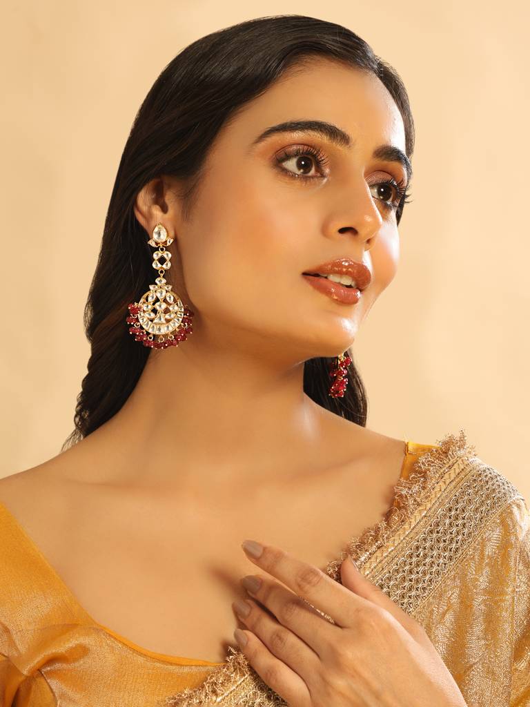 22K Gold Plated Serenoor Ruby Kundan Chandbali Earrings : YI24A0468E